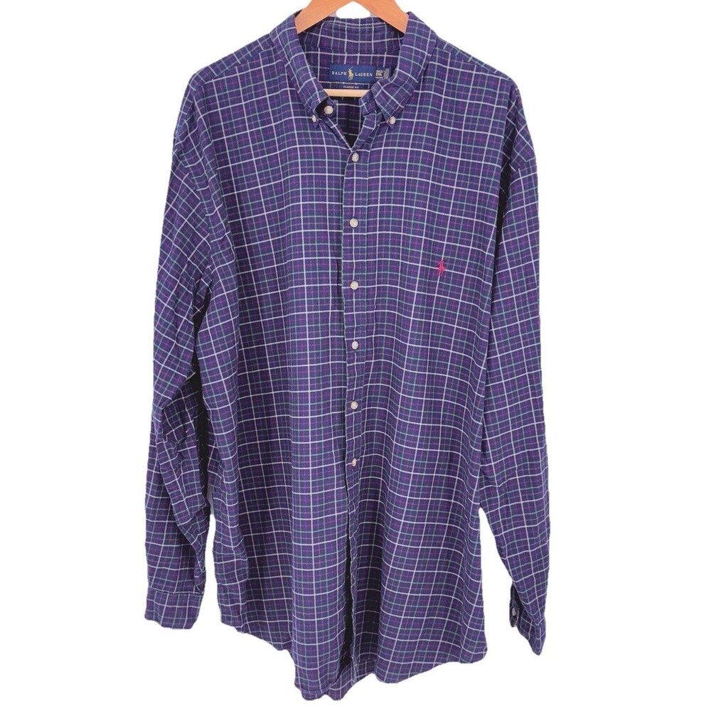 Ralph Lauren Shirt 3XLT Button Down Classic Fit Blue Plaid Excellent Condition